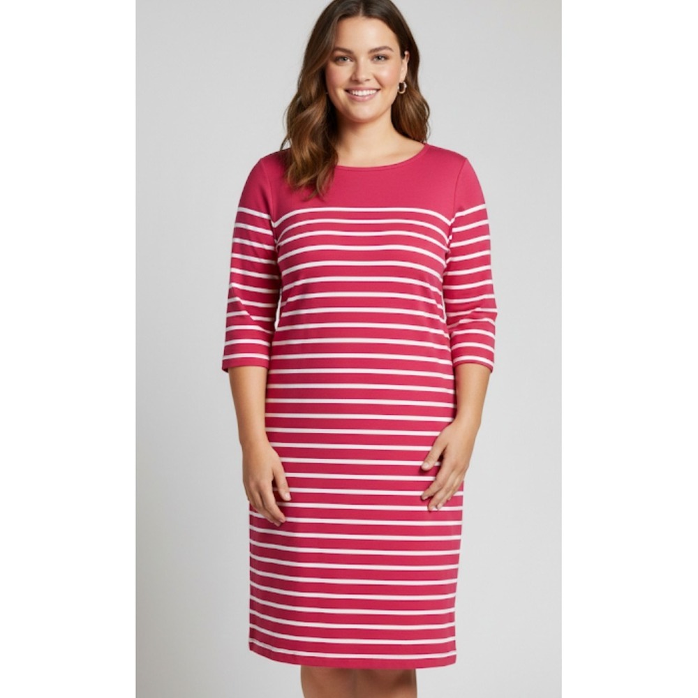 Talbots Dress Womens XL Pink Stripe Cotton Jersey 3/4 Sleeve T Shirt Knee Length
